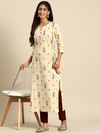 Women's Yellow Printed straight Kurta With three qurter sleeves