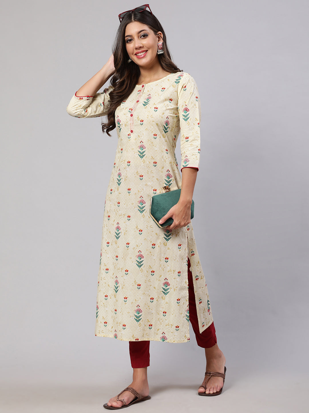 Women's Yellow Printed straight Kurta With three qurter sleeves