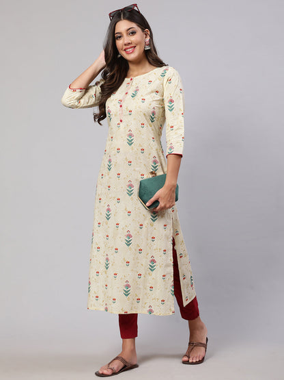 Women's Yellow Printed straight Kurta With three qurter sleeves