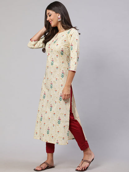 Women's Yellow Printed straight Kurta With three qurter sleeves