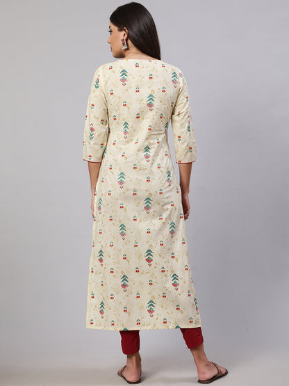 Women's Yellow Printed straight Kurta With three qurter sleeves