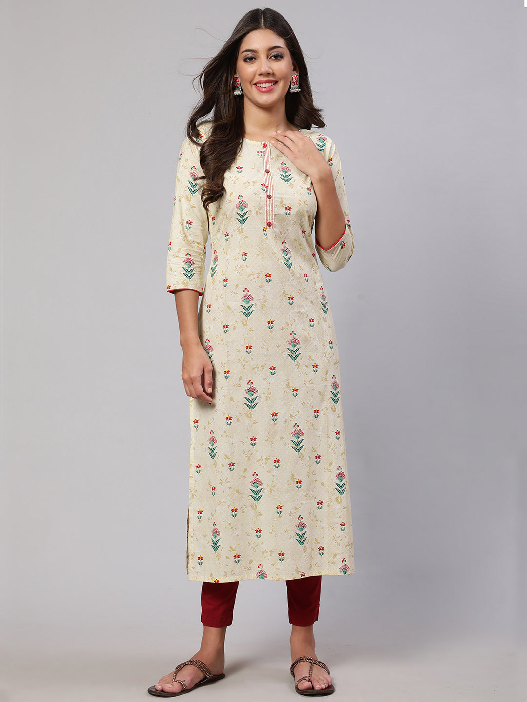 Women's Yellow Printed straight Kurta With three qurter sleeves