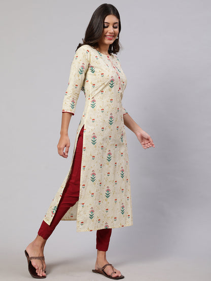 Women's Yellow Printed straight Kurta With three qurter sleeves