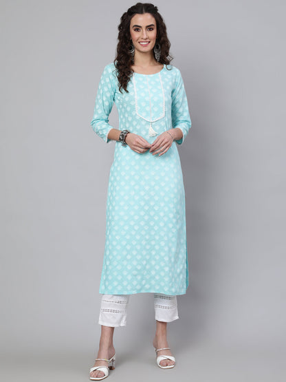 Women's Blue Ethnic Printed Straight Kurta With Three Quarter Sleeves