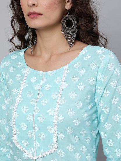 Women's Blue Ethnic Printed Straight Kurta With Three Quarter Sleeves