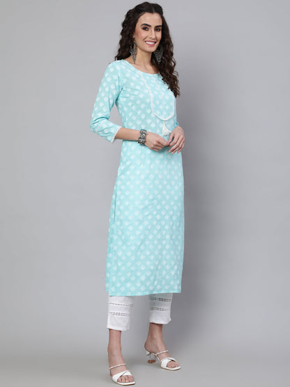 Women's Blue Ethnic Printed Straight Kurta With Three Quarter Sleeves