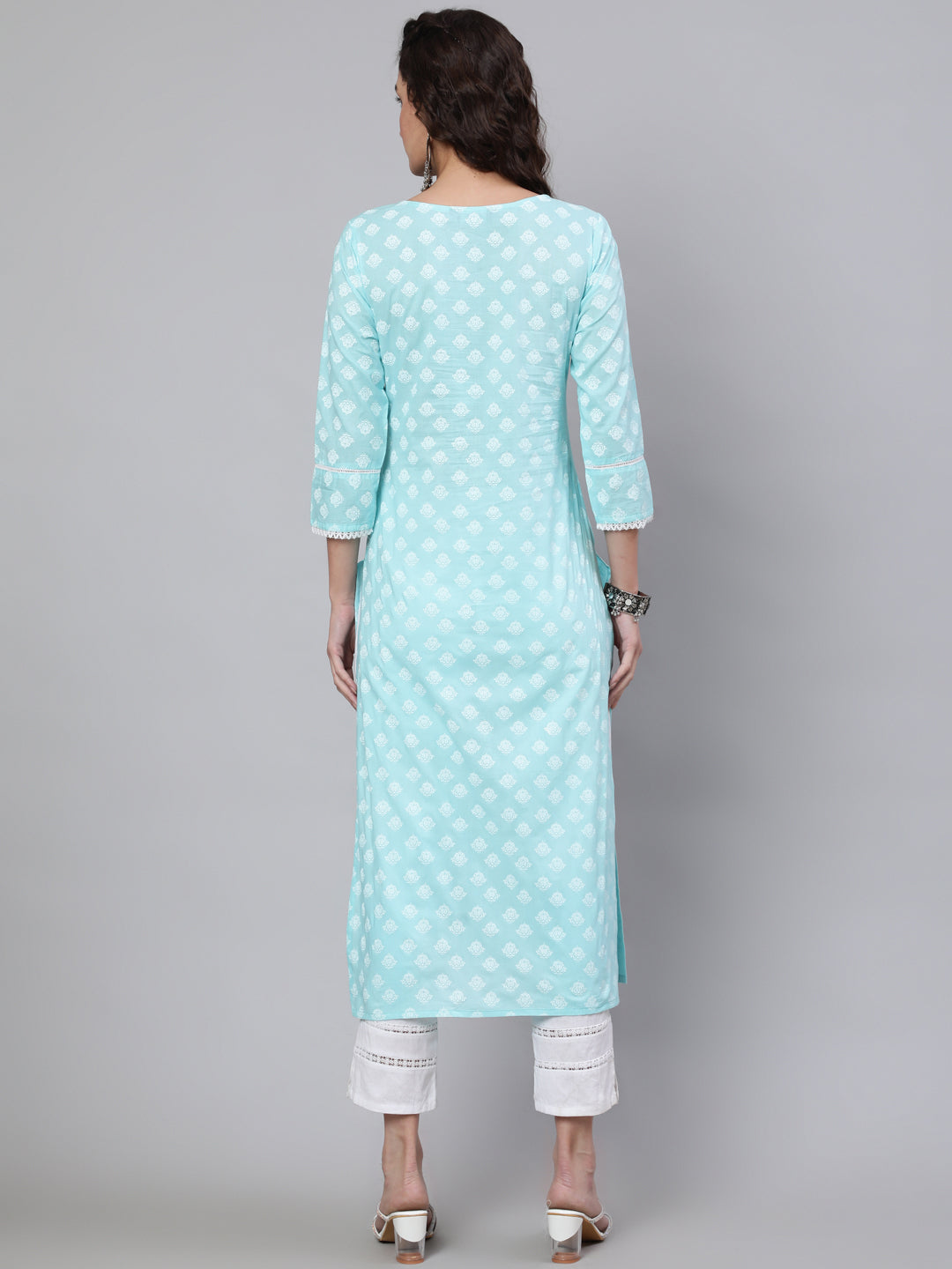 Women's Blue Ethnic Printed Straight Kurta With Three Quarter Sleeves