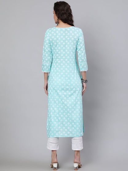 Women's Blue Ethnic Printed Straight Kurta With Three Quarter Sleeves