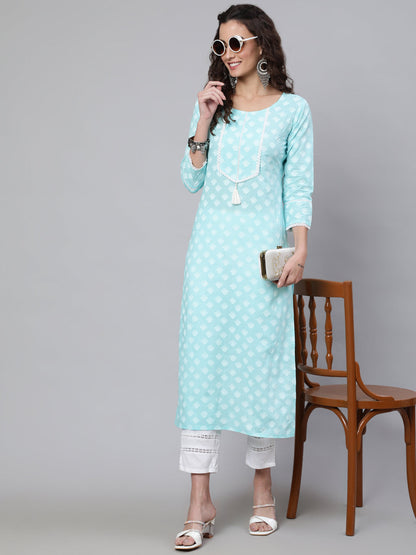 Women's Blue Ethnic Printed Straight Kurta With Three Quarter Sleeves