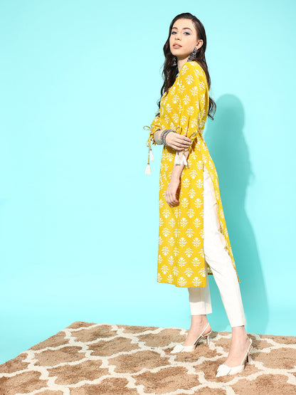 Women's Yellow Straight Kurta With Three Quarter Sleeves