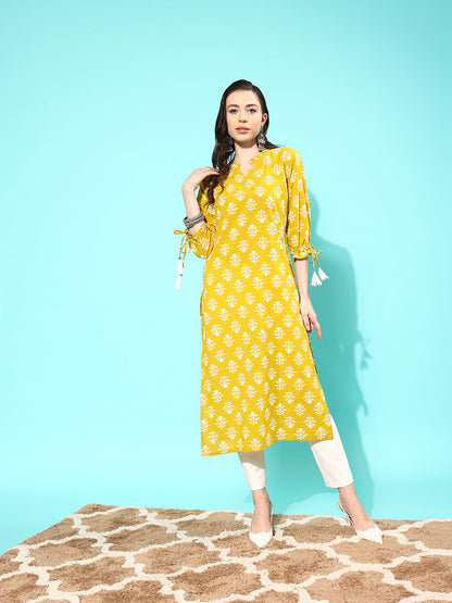 Women's Yellow Straight Kurta With Three Quarter Sleeves