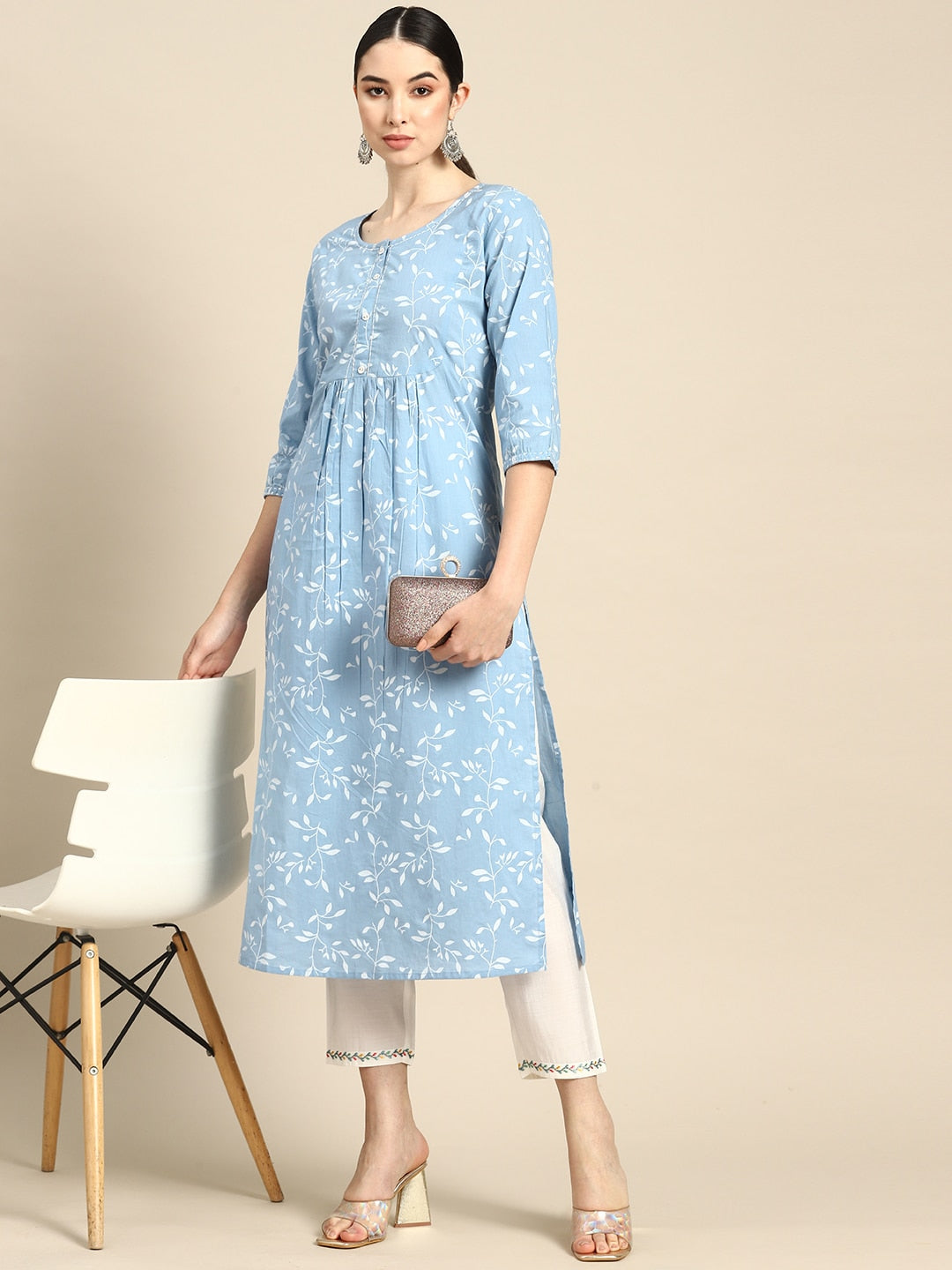 Women's Wome Blue Printed Flared Kurta With Three quarter Sleeves