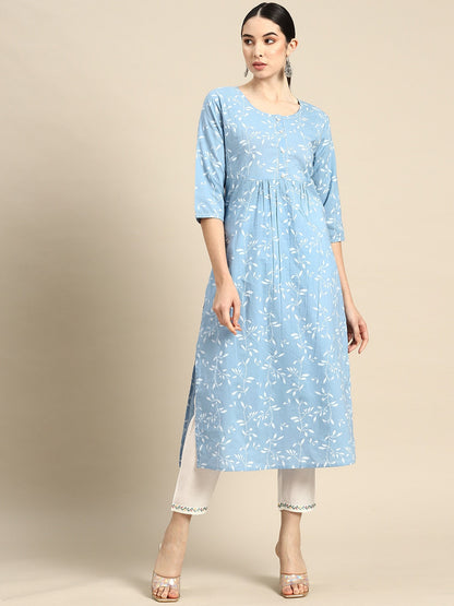 Women's Wome Blue Printed Flared Kurta With Three quarter Sleeves