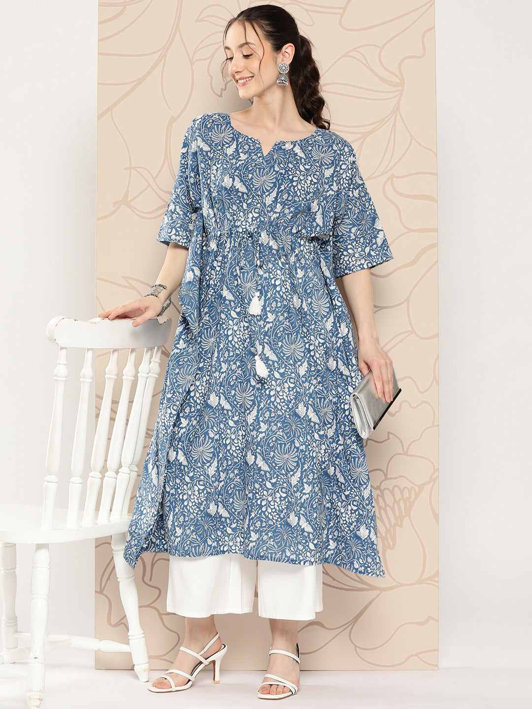Women's Blue Ethnic Printed Kaftan