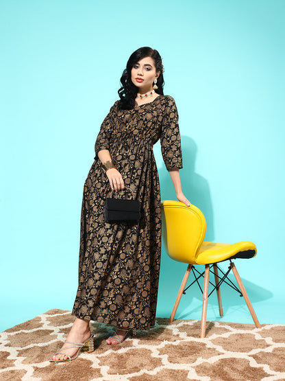 Women's Wome Black Floral Printed Flared Dress With Three quarter Sleeves