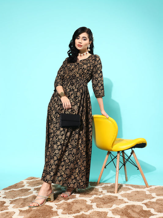 Women's Wome Black Floral Printed Flared Dress With Three quarter Sleeves