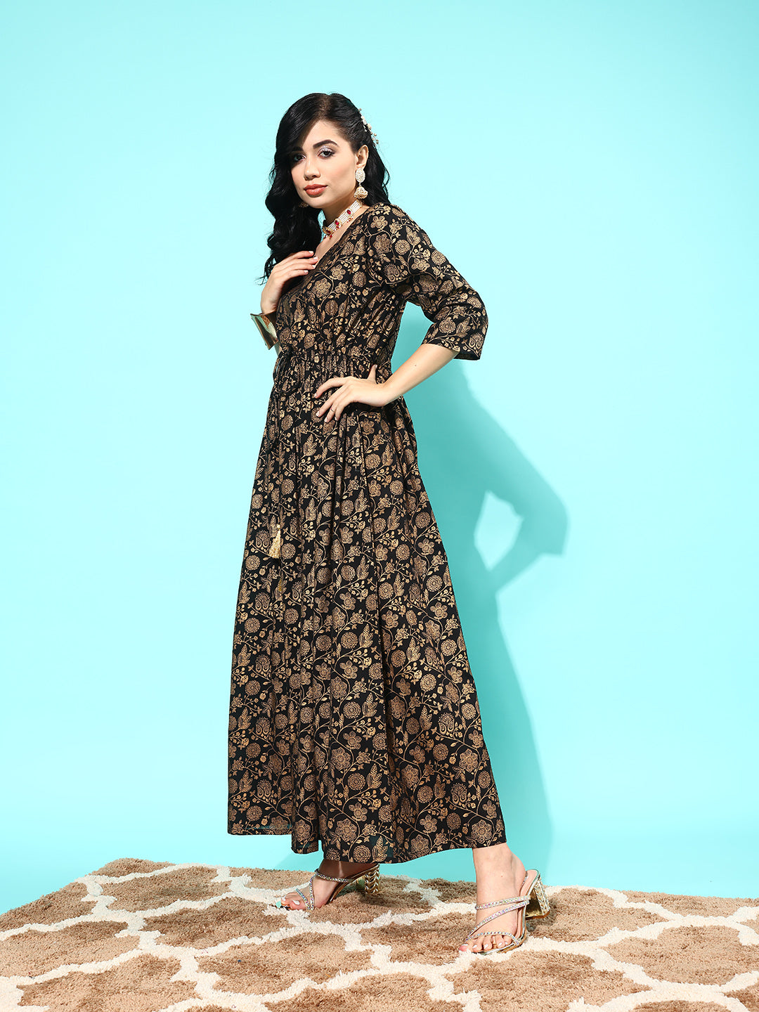 Women's Wome Black Floral Printed Flared Dress With Three quarter Sleeves