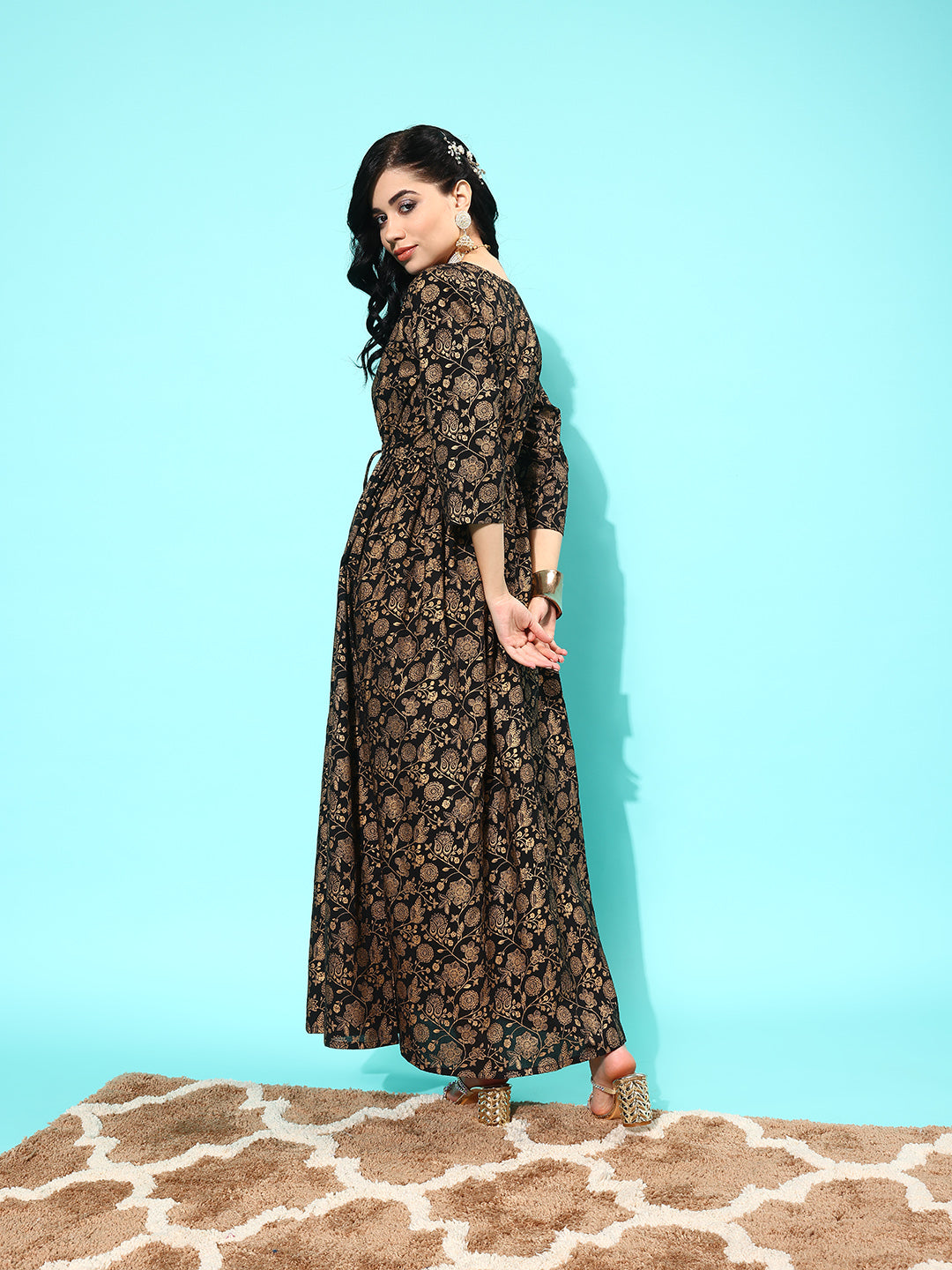 Women's Wome Black Floral Printed Flared Dress With Three quarter Sleeves