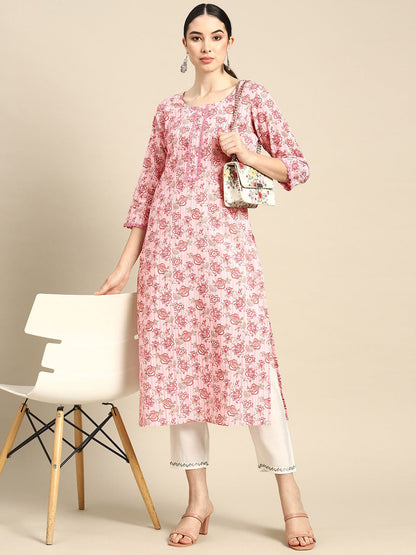 Women's Pink Floral printed Kurta With Three Quarter Sleeves