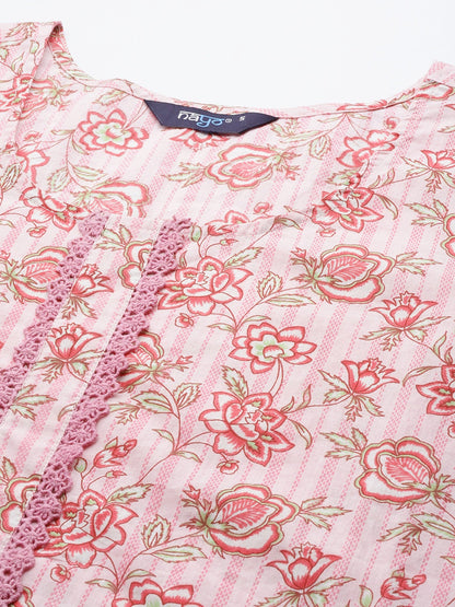 Women's Pink Floral printed Kurta With Three Quarter Sleeves