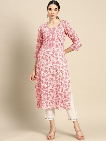 Women's Pink Floral printed Kurta With Three Quarter Sleeves
