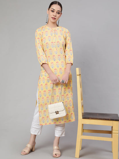 Women's Yellow Straight Kurta With Three Quarter Sleeves