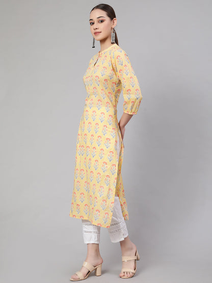 Women's Yellow Straight Kurta With Three Quarter Sleeves