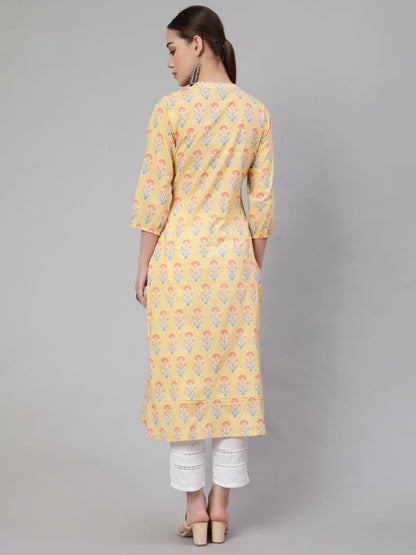 Women's Yellow Straight Kurta With Three Quarter Sleeves