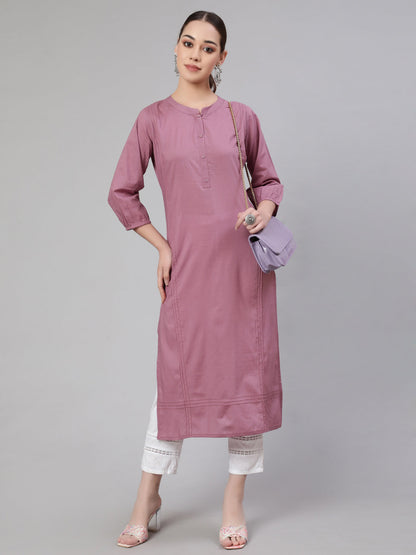 Women's Mauve Straight Kurta With Three Quarter Sleeves
