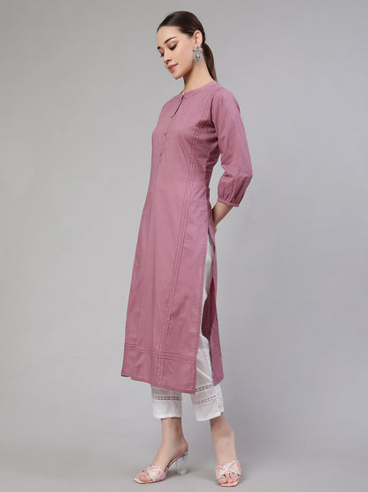 Women's Mauve Straight Kurta With Three Quarter Sleeves