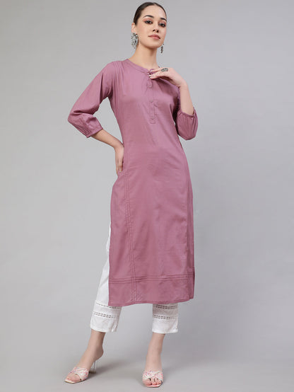 Women's Mauve Straight Kurta With Three Quarter Sleeves