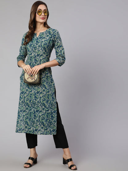 Women's Teal Green Ethnic Printed Straight Kurta With Three Quarter Sleeves