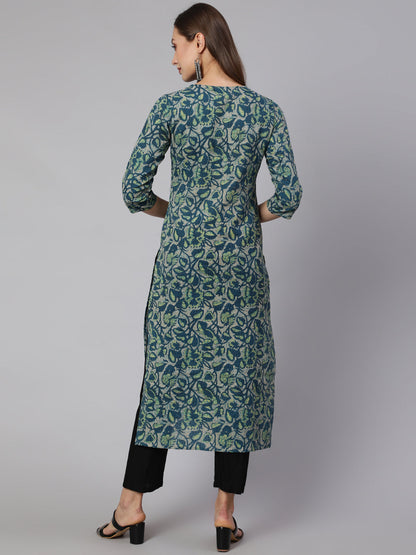 Women's Teal Green Ethnic Printed Straight Kurta With Three Quarter Sleeves