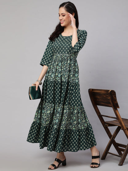 Women's Wome Green Printed Gathered Dress With Gotta Patti & Zari Work