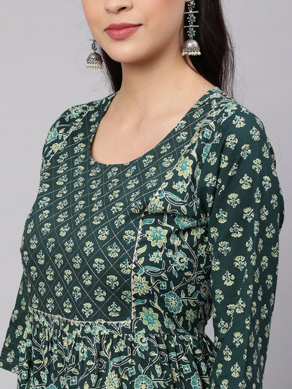 Women's Wome Green Printed Gathered Dress With Gotta Patti & Zari Work