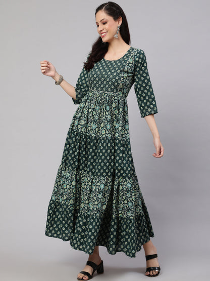 Women's Wome Green Printed Gathered Dress With Gotta Patti & Zari Work