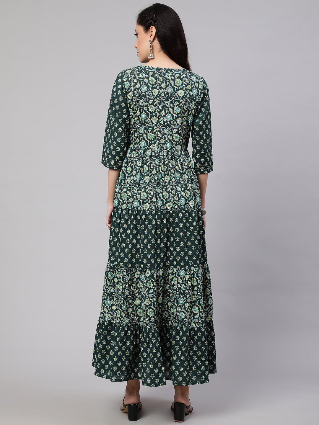 Women's Wome Green Printed Gathered Dress With Gotta Patti & Zari Work