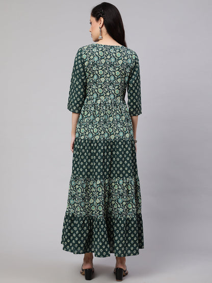 Women's Wome Green Printed Gathered Dress With Gotta Patti & Zari Work