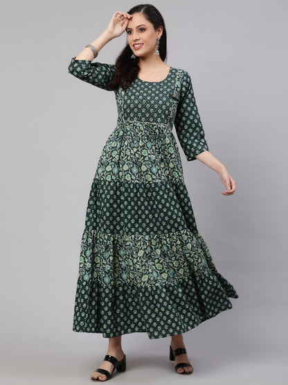 Women's Wome Green Printed Gathered Dress With Gotta Patti & Zari Work