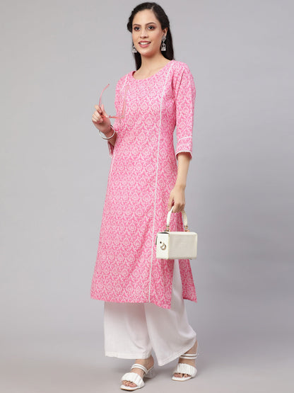Women's Pink Printed straight kurta with three quarter sleeves