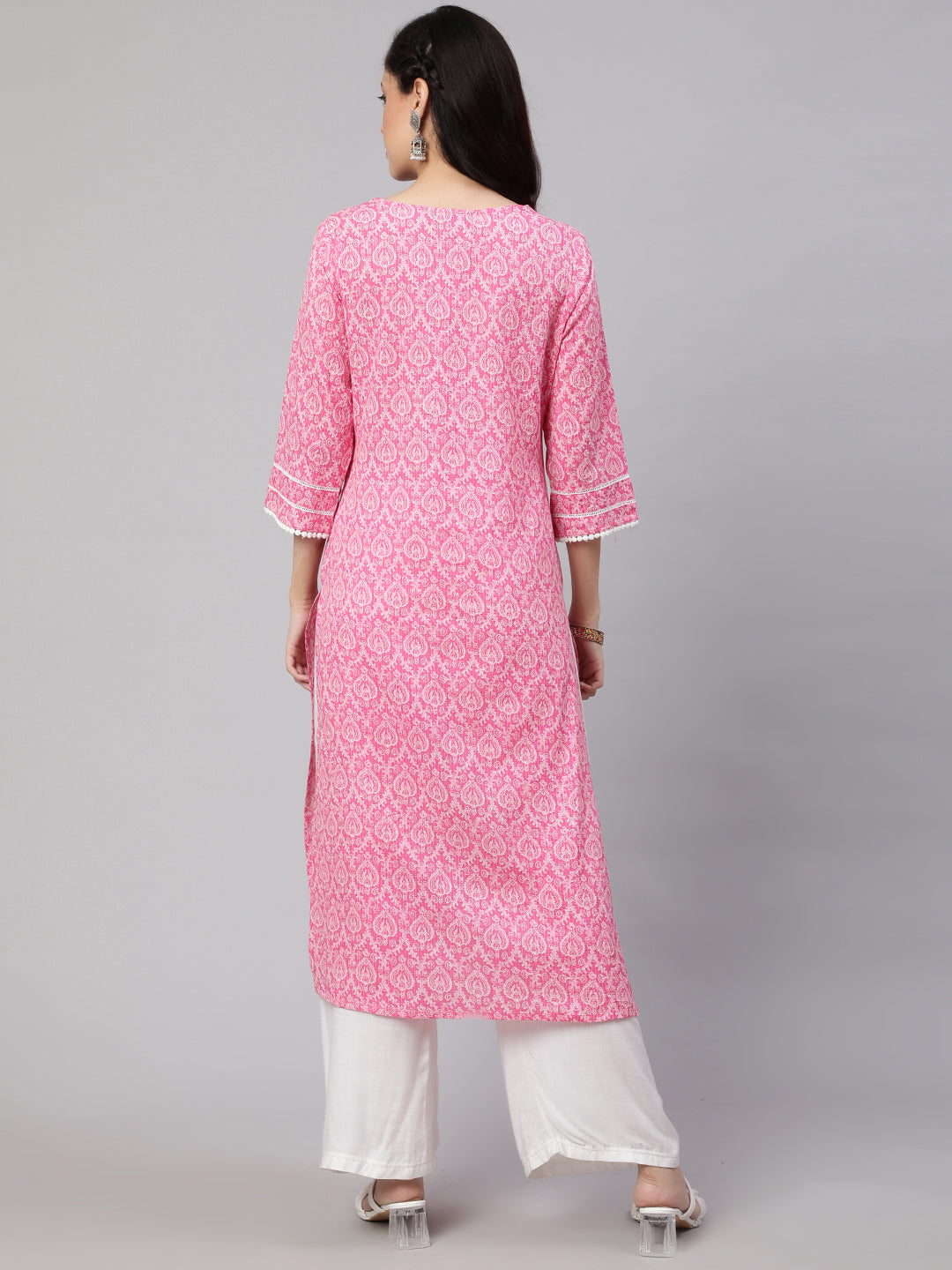 Women's Pink Printed straight kurta with three quarter sleeves