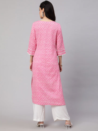 Women's Pink Printed straight kurta with three quarter sleeves