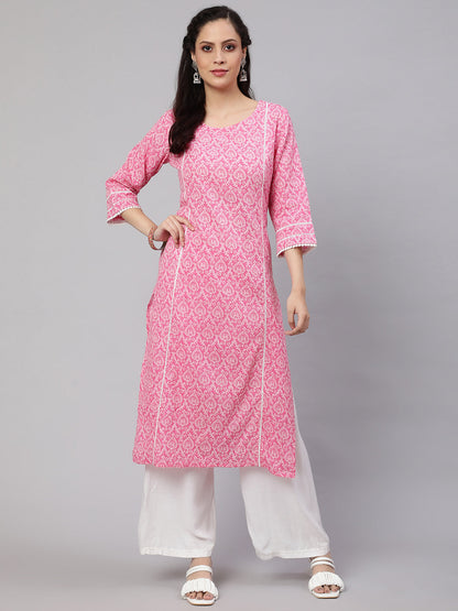 Women's Pink Printed straight kurta with three quarter sleeves