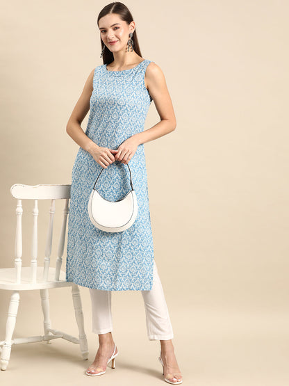 Women's Blue Ethnic Straight Sleeveless Kurta