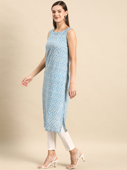 Women's Blue Ethnic Straight Sleeveless Kurta