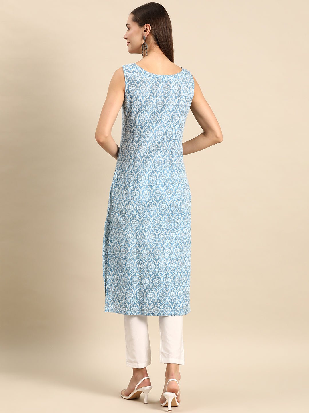 Women's Blue Ethnic Straight Sleeveless Kurta