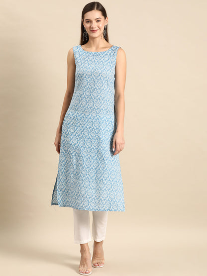 Women's Blue Ethnic Straight Sleeveless Kurta