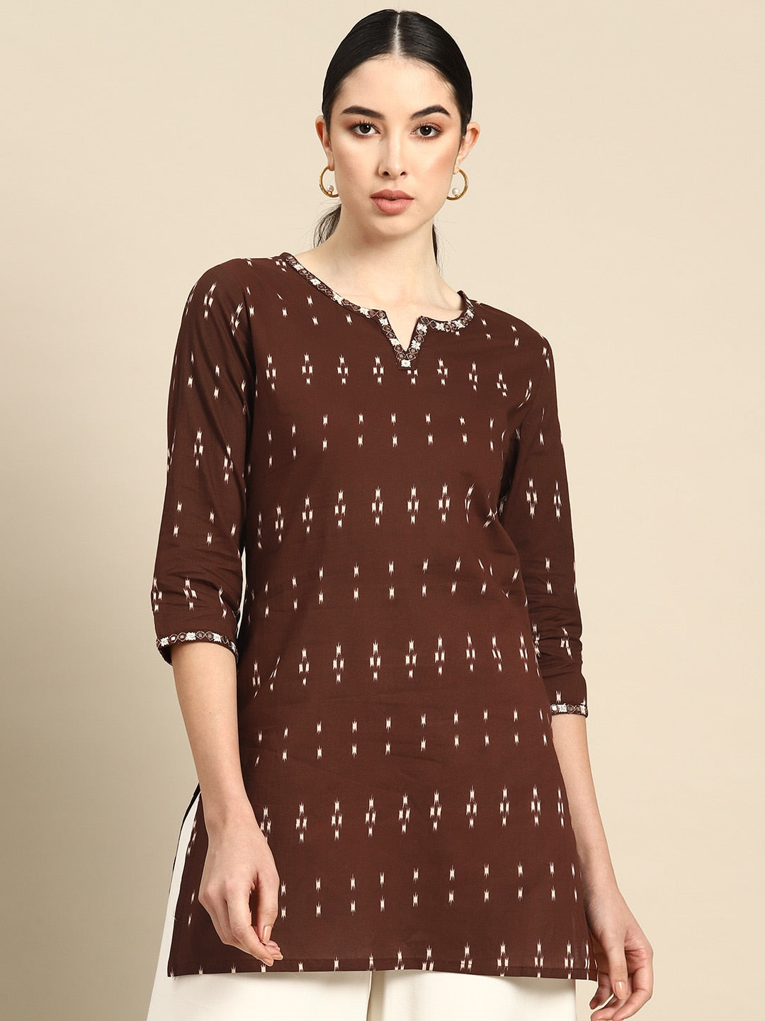 Women's Brown Embroidered Ikat Printed Straight Tunic