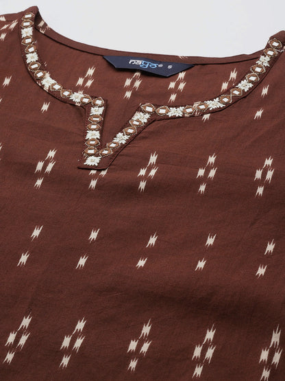 Women's Brown Embroidered Ikat Printed Straight Tunic
