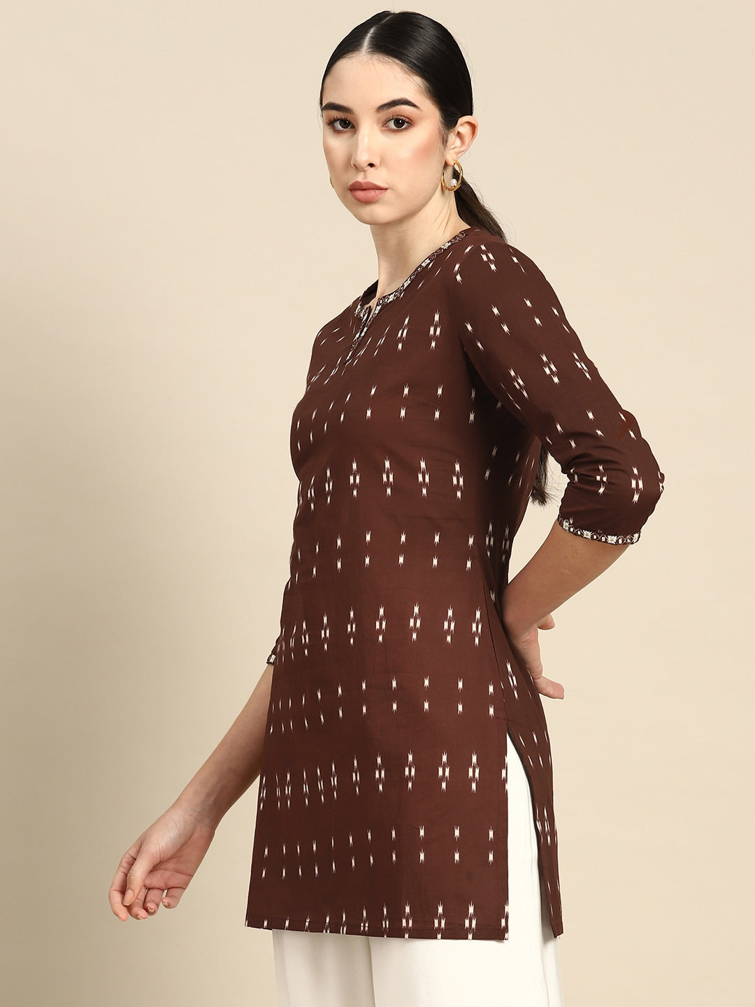 Women's Brown Embroidered Ikat Printed Straight Tunic